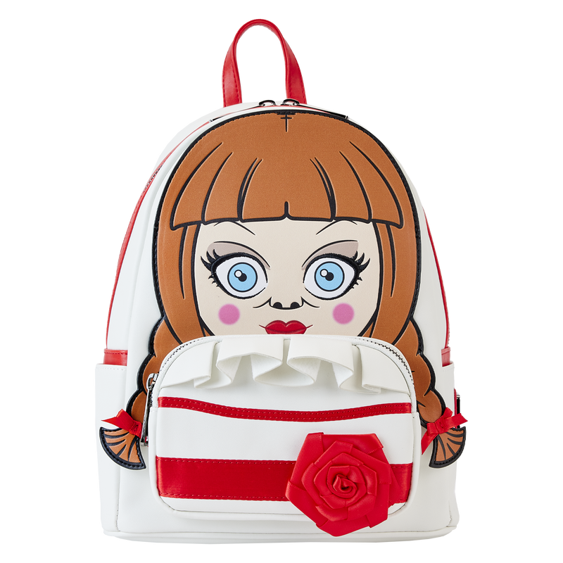 Image of our Annabelle Cosplay Mini Backpack, featuring Annabelle on the front with braids and the front pocket decorated like her dress. 